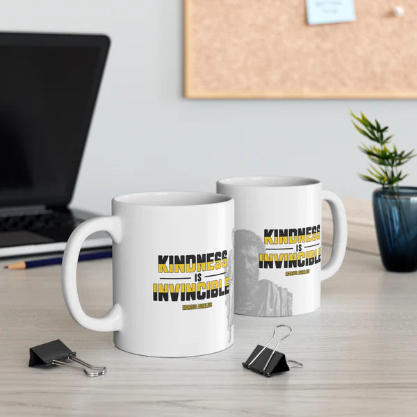 Marcus Aurelius Quote Mug: "Kindness is Invincible." - INTERACTIVE Stoicism Quote Mug - Scannable QR Code - Black Mug