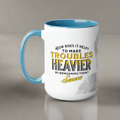 Seneca Quote Mug: "How does it help? to make troubles heavier by bemoaning them" - INTERACTIVE Stoicism Quote Mug - Scannable QR Code - Black Mug