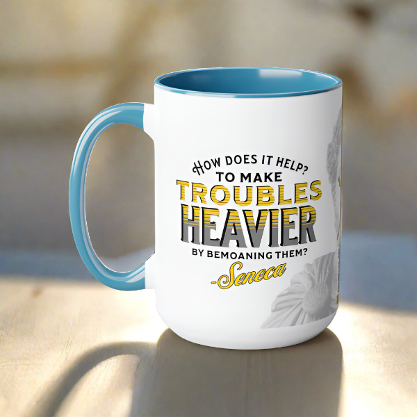 Seneca Quote Mug: "How does it help? to make troubles heavier by bemoaning them" - INTERACTIVE Stoicism Quote Mug - Scannable QR Code - Black Mug