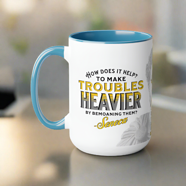 Seneca Quote Mug: "How does it help? to make troubles heavier by bemoaning them" - INTERACTIVE Stoicism Quote Mug - Scannable QR Code - Black Mug