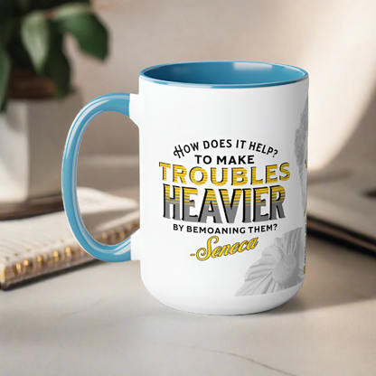 Seneca Quote Mug: "How does it help? to make troubles heavier by bemoaning them" - INTERACTIVE Stoicism Quote Mug - Scannable QR Code - Black Mug