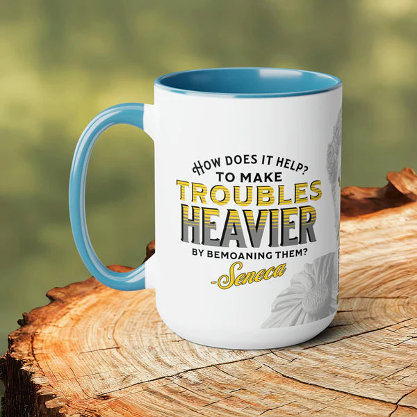 Seneca Quote Mug: "How does it help? to make troubles heavier by bemoaning them" - INTERACTIVE Stoicism Quote Mug - Scannable QR Code - Black Mug