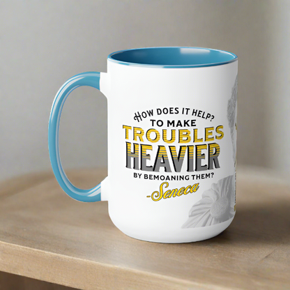 Seneca Quote Mug: "How does it help? to make troubles heavier by bemoaning them" - INTERACTIVE Stoicism Quote Mug - Scannable QR Code - Black Mug