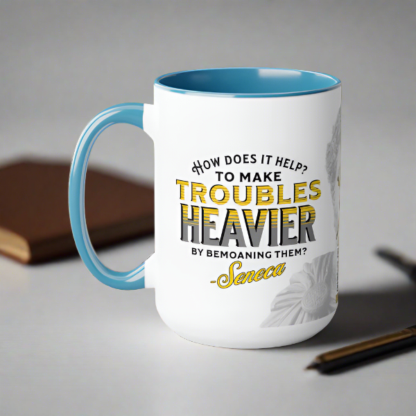 Seneca Quote Mug: "How does it help? to make troubles heavier by bemoaning them" - INTERACTIVE Stoicism Quote Mug - Scannable QR Code - Black Mug