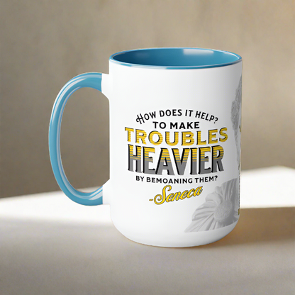 Seneca Quote Mug: "How does it help? to make troubles heavier by bemoaning them" - INTERACTIVE Stoicism Quote Mug - Scannable QR Code - Black Mug