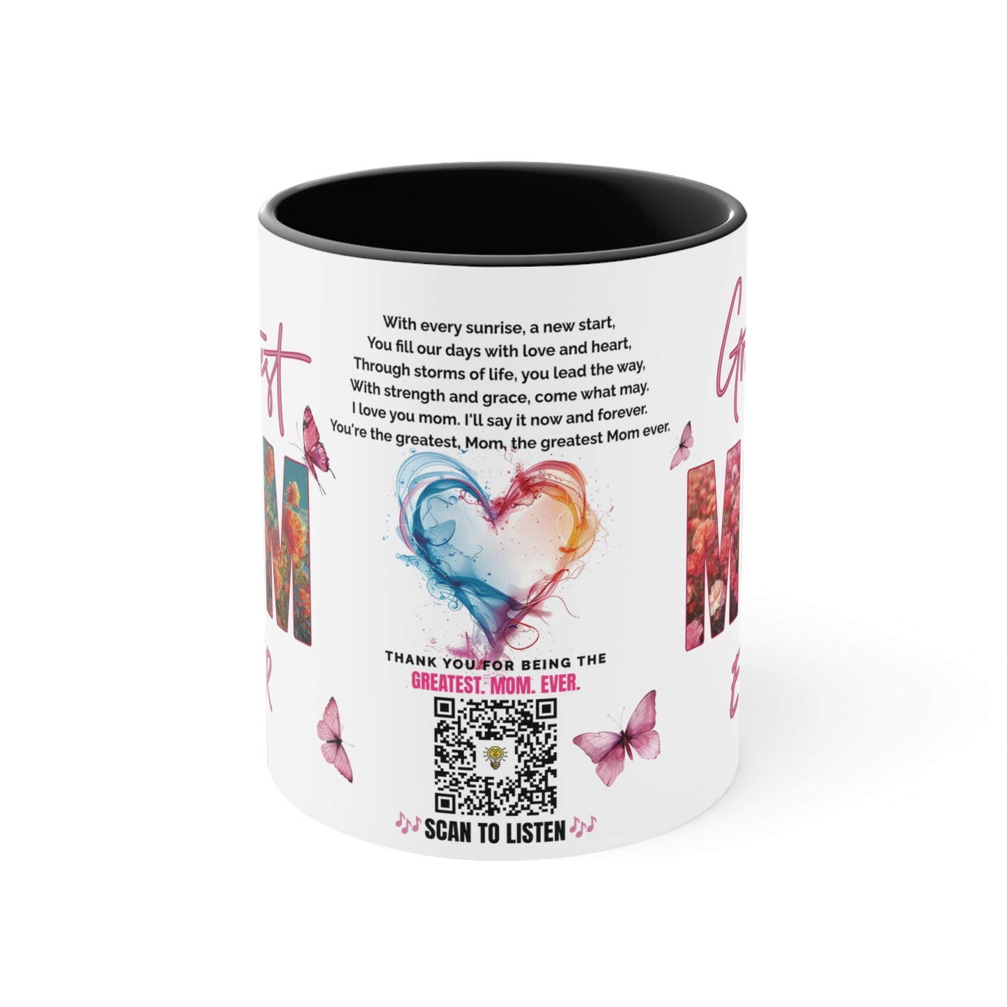 Greatest Mom Ever, Mother's Day Gift, Interactive Coffee Mug Gift for Mom, Audio Music Lyrics QR Code Scanning Mug, Two-Tone Accent, 11oz White Mug