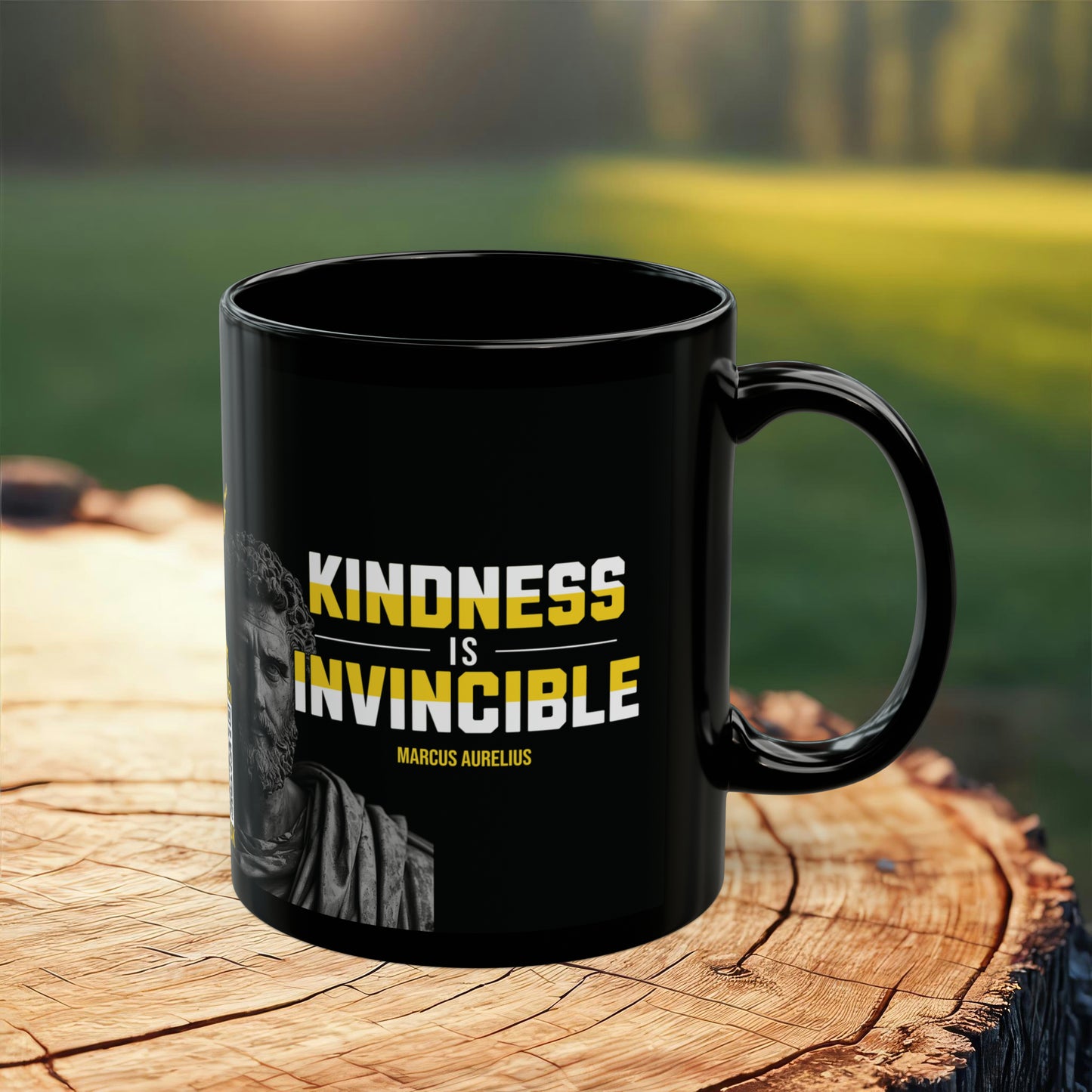 Marcus Aurelius Quote Mug: "Kindness is Invincible." - INTERACTIVE Stoicism Quote Mug - Scannable QR Code - Black Mug