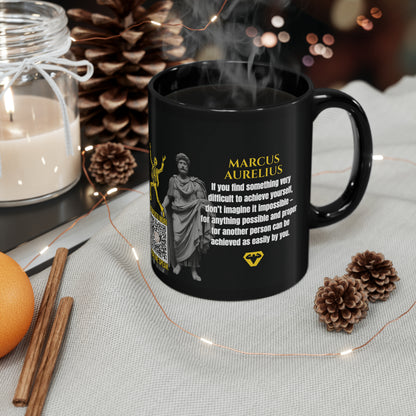 Marcus Aurelius Quote Mug: "If you find something very difficult to achieve yourself" - INTERACTIVE Stoicism Quote Mug - Scannable QR Code - Black Mug