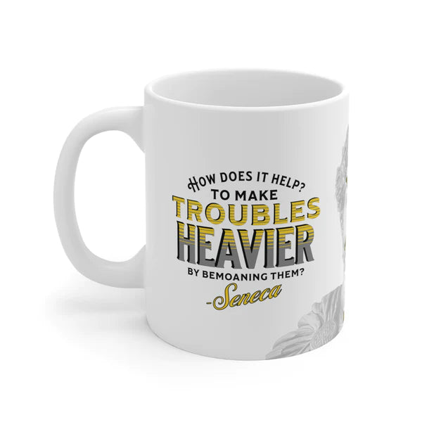 Seneca Quote Mug: "How does it help? to make troubles heavier by bemoaning them" - INTERACTIVE Stoicism Quote Mug - Scannable QR Code - Black Mug