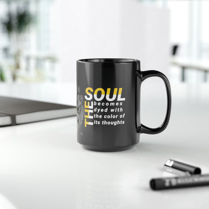 Marcus Aurelius Quote Mug: "The soul becomes dyed with the color of its thoughts" - INTERACTIVE Stoicism Quote Mug - Scannable QR Code - Black Mug