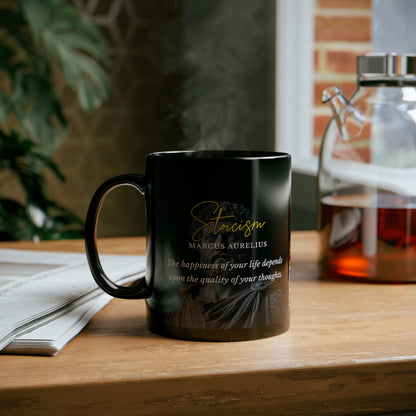 Marcus Aurelius Quote Mug: STOICISM - "The happiness of your life depends upon the quality of your thoughts" - INTERACTIVE Stoicism Quote Mug - Scannable QR Code - Black Mug