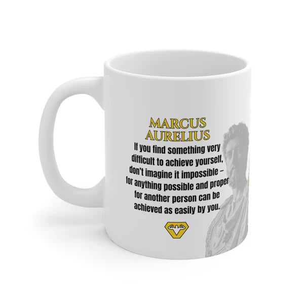 Marcus Aurelius Quote Mug: "If you find something very difficult to achieve yourself" - INTERACTIVE Stoicism Quote Mug - Scannable QR Code - Black Mug