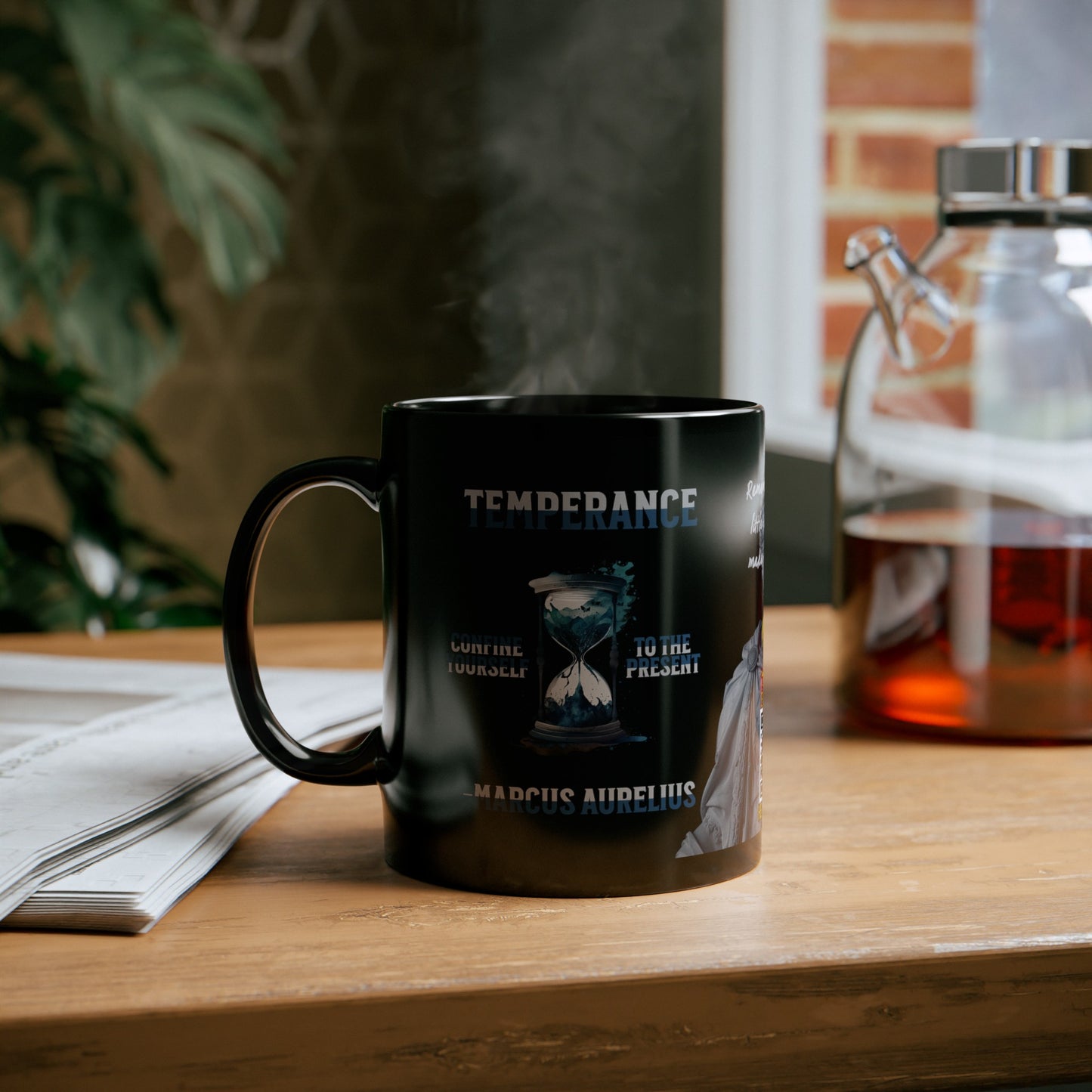 Marcus Aurelius Quote Mug - "Confine yourself to the present. Remember that very little is needed to make a happy life." - INTERACTIVE Stoicism Quote Mug - Scannable QR Code - Black Mug