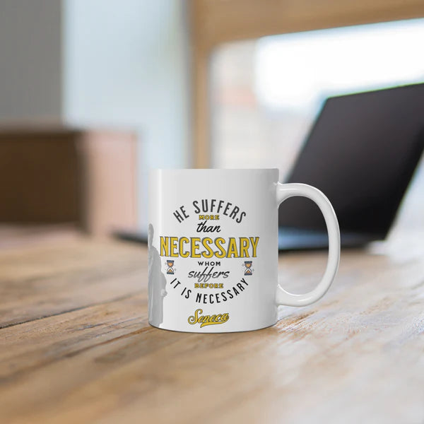 Seneca Quote Mug: "He suffers more than necessary, whom suffers before it is necesary" - INTERACTIVE Stoicism Quote Mug - Scannable QR Code - Black Mug