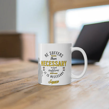 Seneca Quote Mug: "He suffers more than necessary, whom suffers before it is necesary" - INTERACTIVE Stoicism Quote Mug - Scannable QR Code - Black Mug