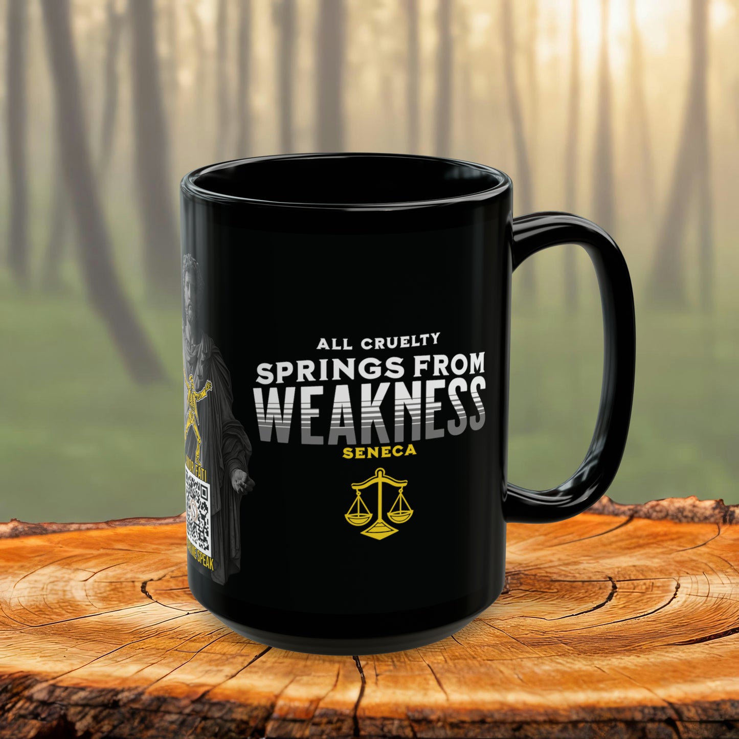 Seneca Quote Mug: "All cruelty springs from weakness" - INTERACTIVE Stoicism Quote Mug - Scannable QR Code - Black Mug