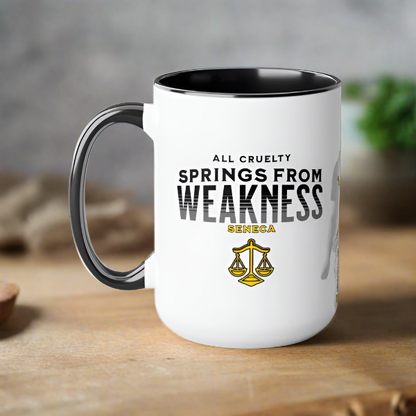 Seneca Quote Mug: "All cruelty springs from weakness" - INTERACTIVE Stoicism Quote Mug - Scannable QR Code - Black Mug