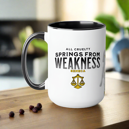 Seneca Quote Mug: "All cruelty springs from weakness" - INTERACTIVE Stoicism Quote Mug - Scannable QR Code - Black Mug