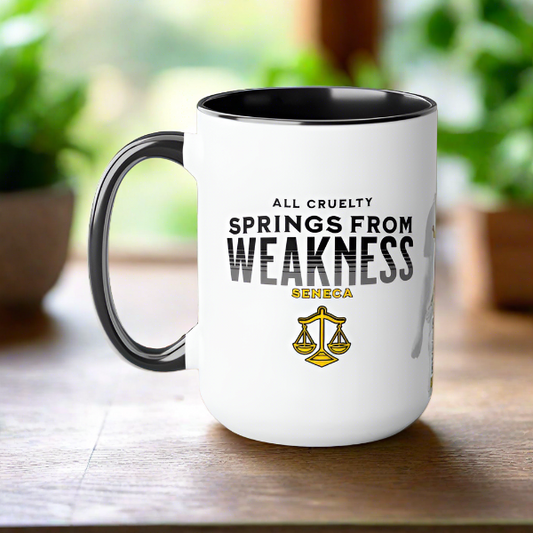 Seneca Quote Mug: "All cruelty springs from weakness" - INTERACTIVE Stoicism Quote Mug - Scannable QR Code - Black Mug