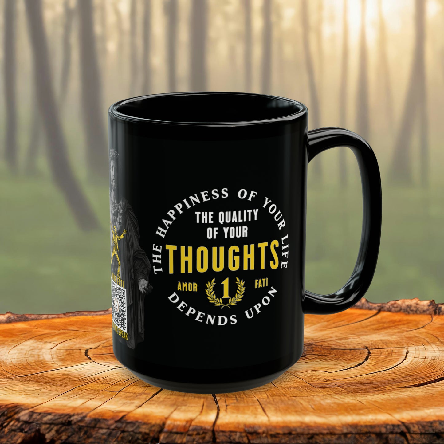 Marcus Aurelius Quote Mug: "The happiness of your life depends upon the quality of your thoughts" - INTERACTIVE Stoicism Quote Mug - Scannable QR Code - Black Mug