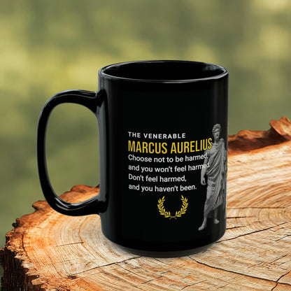 Marcus Aurelius Quote Mug - "Choose Not To Be Harmed" - INTERACTIVE Stoicism Quote Mug - Scannable QR Code - Black Mug