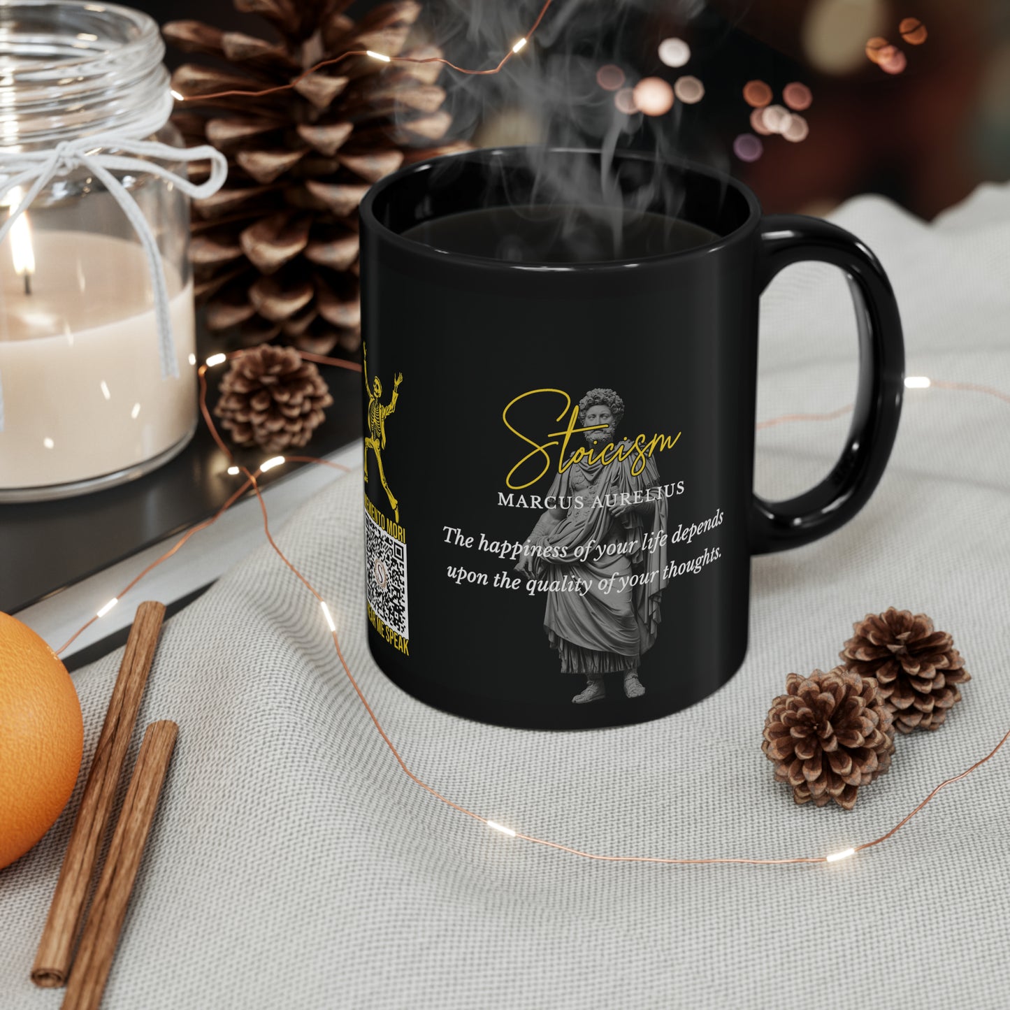 Marcus Aurelius Quote Mug: STOICISM - "The happiness of your life depends upon the quality of your thoughts" - INTERACTIVE Stoicism Quote Mug - Scannable QR Code - Black Mug