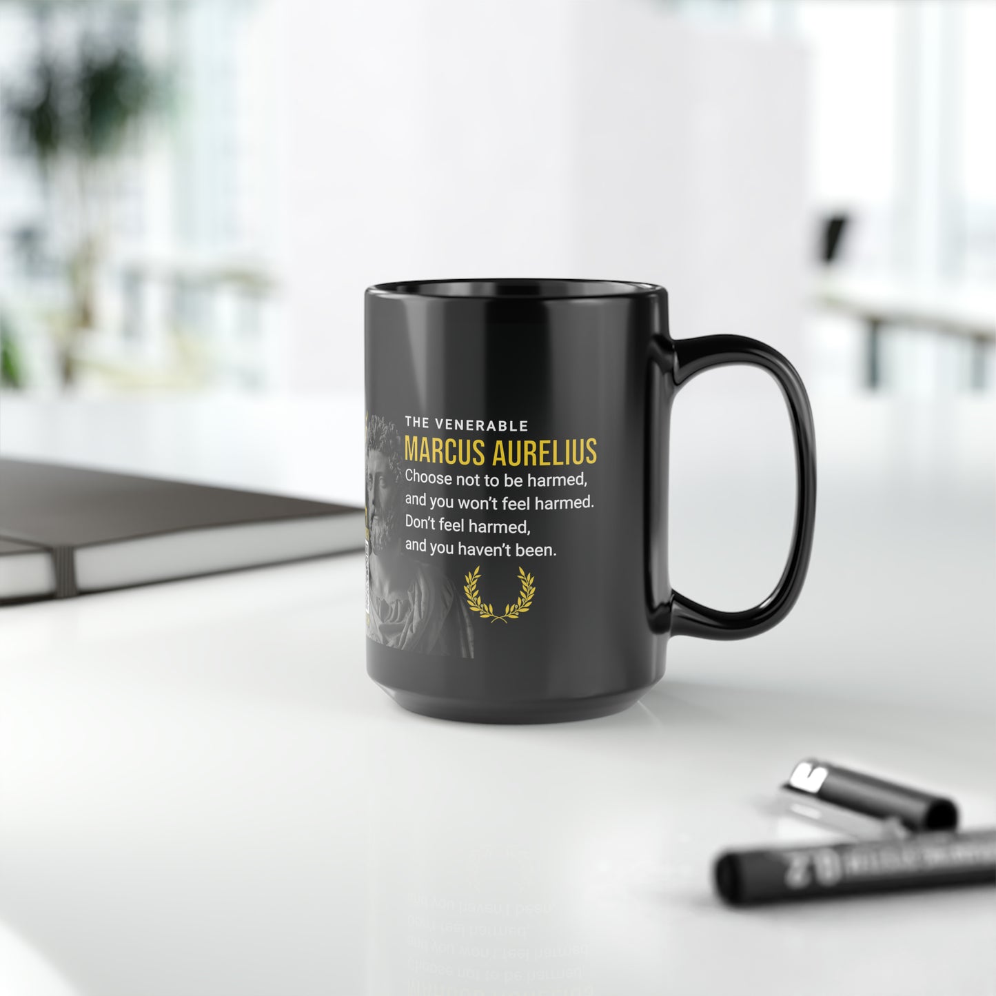 Marcus Aurelius Quote Mug - "Choose Not To Be Harmed" - INTERACTIVE Stoicism Quote Mug - Scannable QR Code - Black Mug