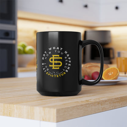 Epictetus Quote Mug - "It's not what happens but how you react to it that matters." - INTERACTIVE Stoicism Quote Mug - Scannable QR Code - Black Mug