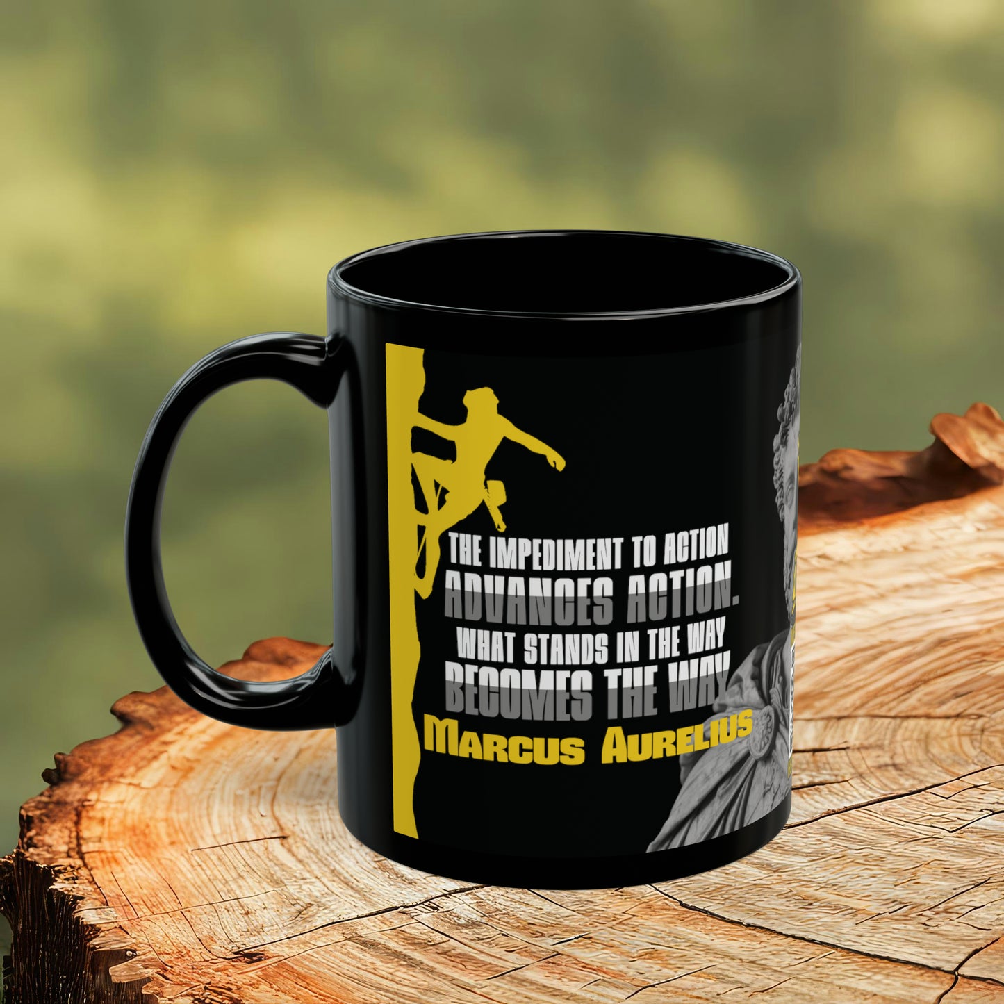 Marcus Aurelius Quote Mug: "What Stands in the Way, Becomes the Way." - INTERACTIVE Stoicism Quote Mug - Scannable QR Code - Black Mug