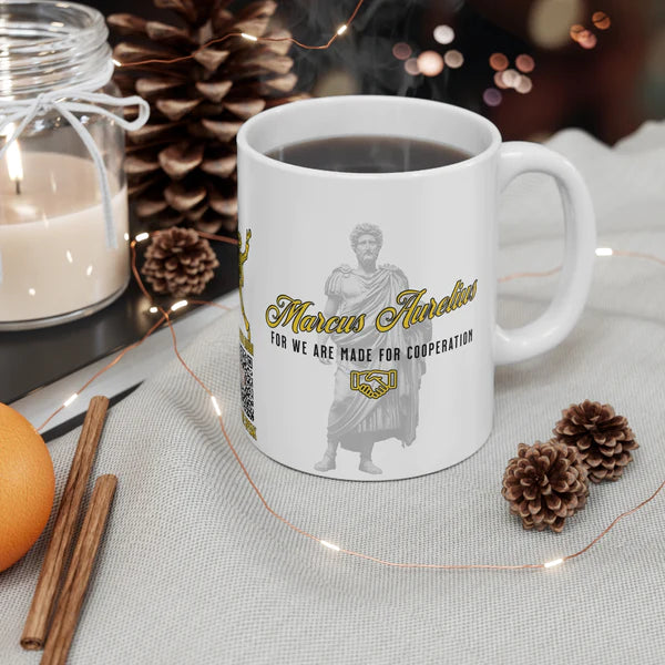 Marcus Aurelius Quote Mug: "For we are made for cooperation." - INTERACTIVE Stoicism Quote Mug - Scannable QR Code - Black Mug