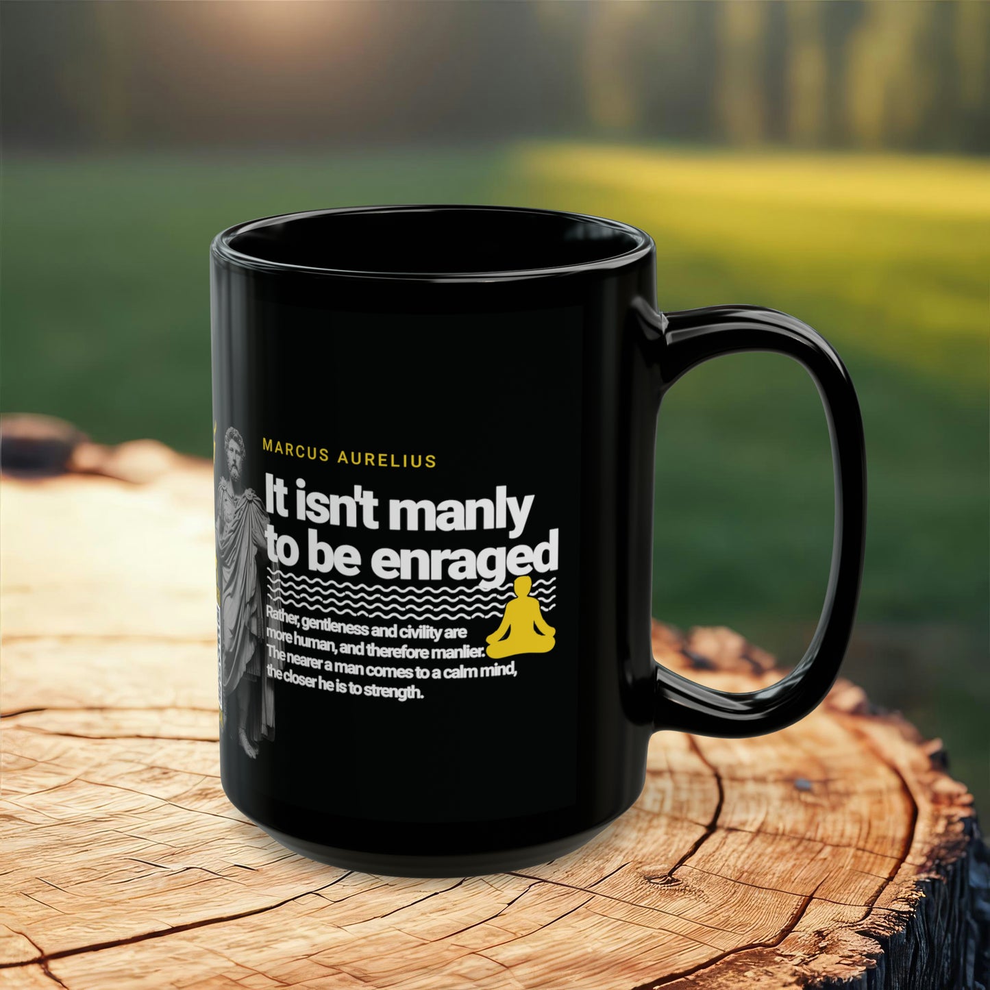 Marcus Aurelius Quote Mug: "It isn't manly to be enraged." - INTERACTIVE Stoicism Quote Mug - Scannable QR Code - Black Mug