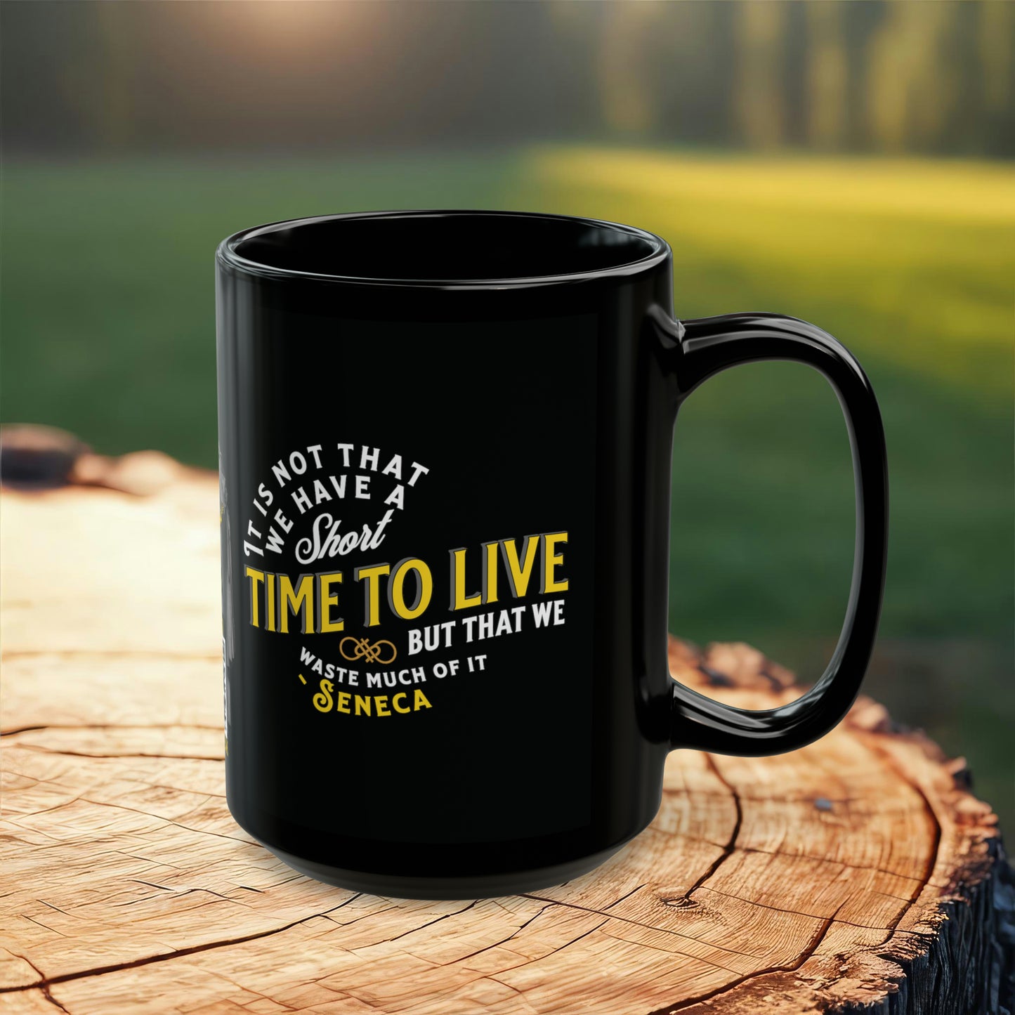 Seneca Quote Mug: "It is not that we have a short time to live" - INTERACTIVE Quote Mug - Scannable QR Code - Black Mug