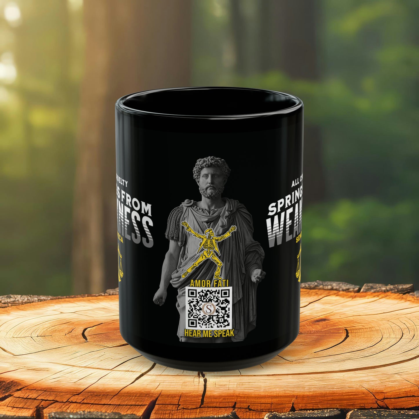 Seneca Quote Mug: "All cruelty springs from weakness" - INTERACTIVE Stoicism Quote Mug - Scannable QR Code - Black Mug