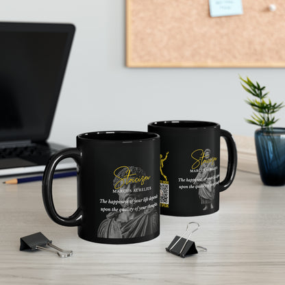 Marcus Aurelius Quote Mug: STOICISM - "The happiness of your life depends upon the quality of your thoughts" - INTERACTIVE Stoicism Quote Mug - Scannable QR Code - Black Mug