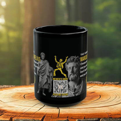 Marcus Aurelius Quote Mug - "Choose Not To Be Harmed" - INTERACTIVE Stoicism Quote Mug - Scannable QR Code - Black Mug