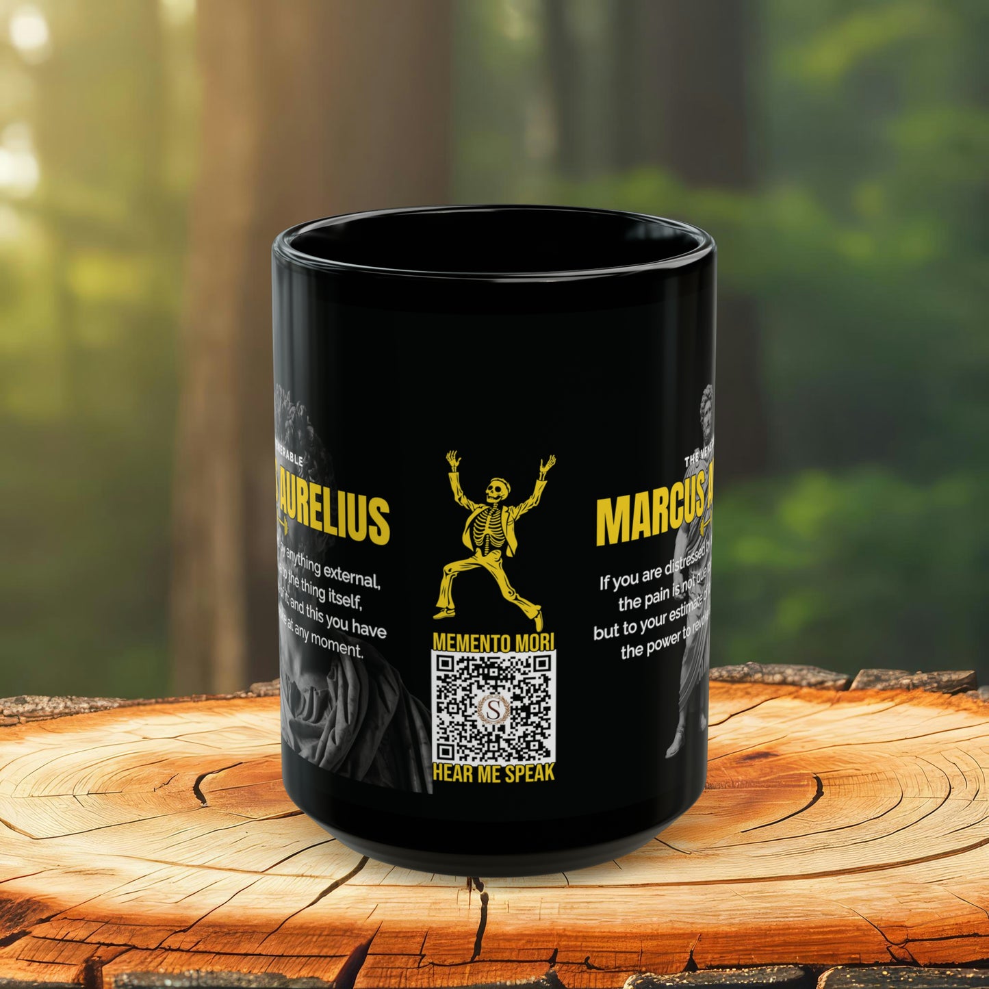 Marcus Aurelius Quote Mug: "If you are distressed by anything external" - INTERACTIVE Stoicism Quote Mug - Scannable QR Code - Black Mug