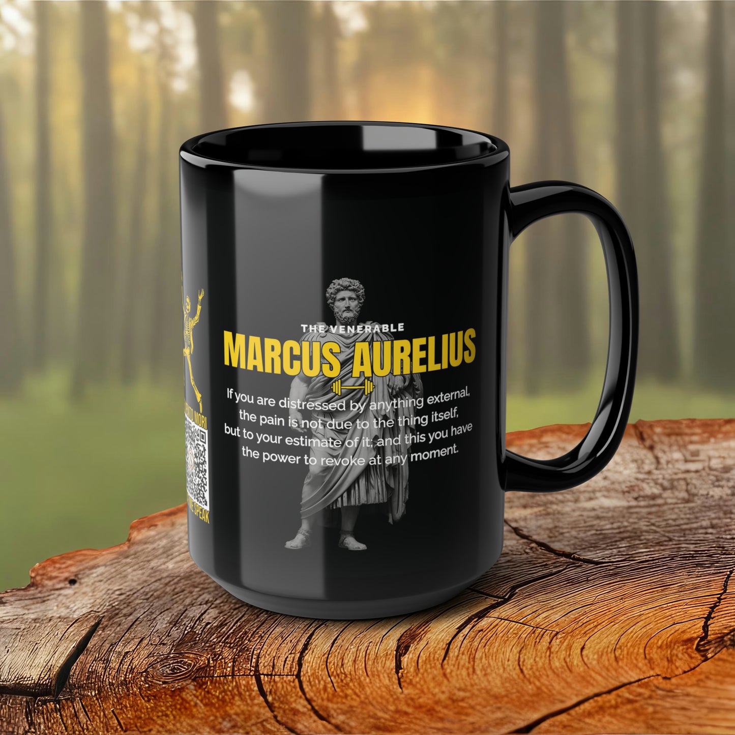 Marcus Aurelius Quote Mug: "If you are distressed by anything external" - INTERACTIVE Stoicism Quote Mug - Scannable QR Code - Black Mug