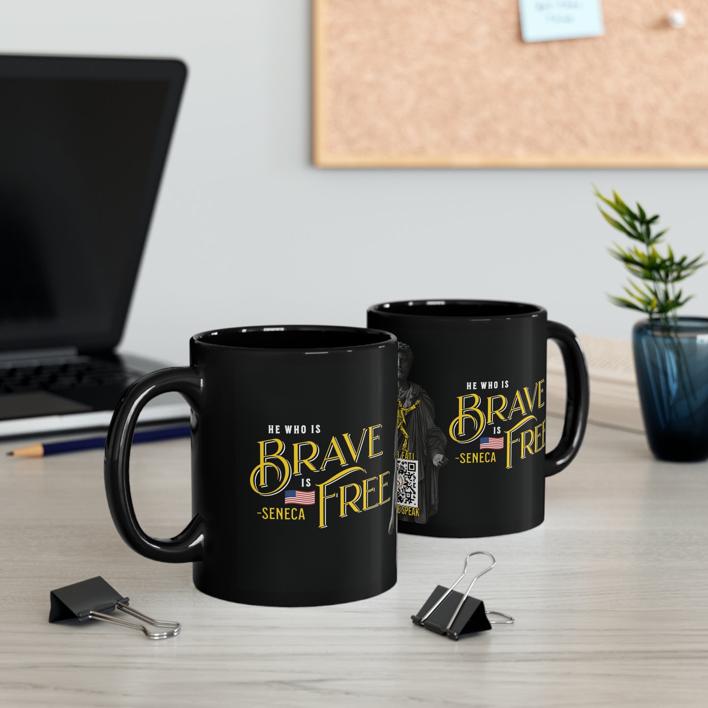 Seneca Quote Mug: "He who is brave is free" - INTERACTIVE Stoicism Quote Mug - Scannable QR Code - Black Mug