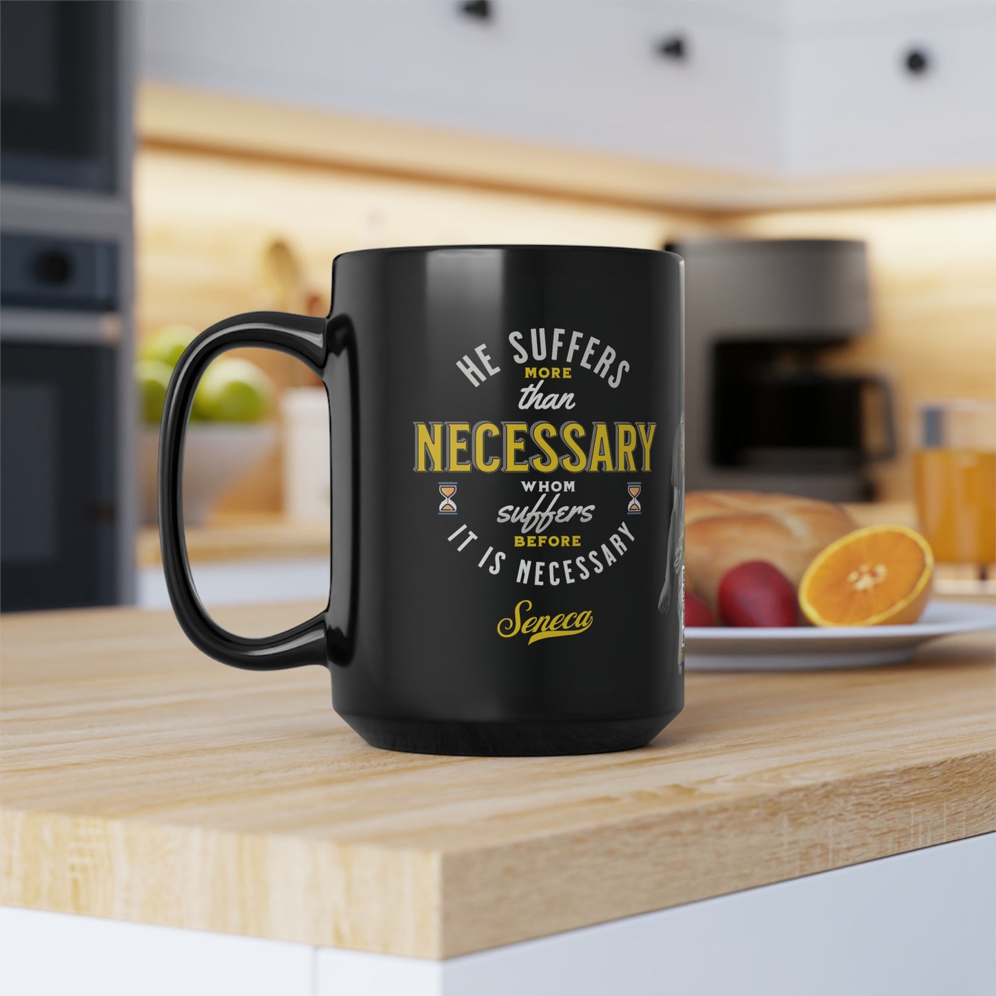 Seneca Quote Mug: "He suffers more than necessary, whom suffers before it is necesary" - INTERACTIVE Stoicism Quote Mug - Scannable QR Code - Black Mug