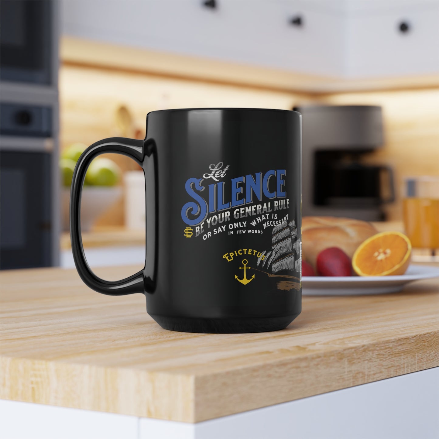 Epictetus Quote Mug - "Let Silence Be Your General Rule" - INTERACTIVE Stoicism Quote Mug - Scannable QR Code - Black Mug