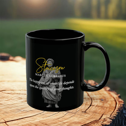 Marcus Aurelius Quote Mug: STOICISM - "The happiness of your life depends upon the quality of your thoughts" - INTERACTIVE Stoicism Quote Mug - Scannable QR Code - Black Mug