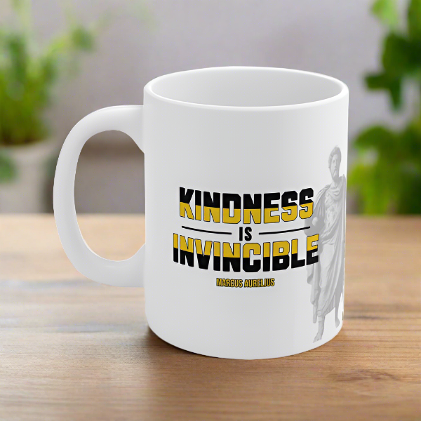 Marcus Aurelius Quote Mug: "Kindness is Invincible." - INTERACTIVE Stoicism Quote Mug - Scannable QR Code - Black Mug