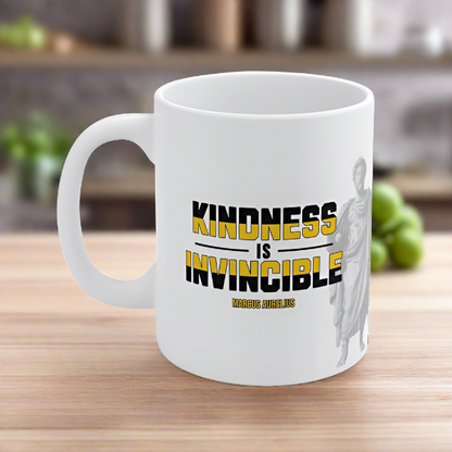 Marcus Aurelius Quote Mug: "Kindness is Invincible." - INTERACTIVE Stoicism Quote Mug - Scannable QR Code - Black Mug