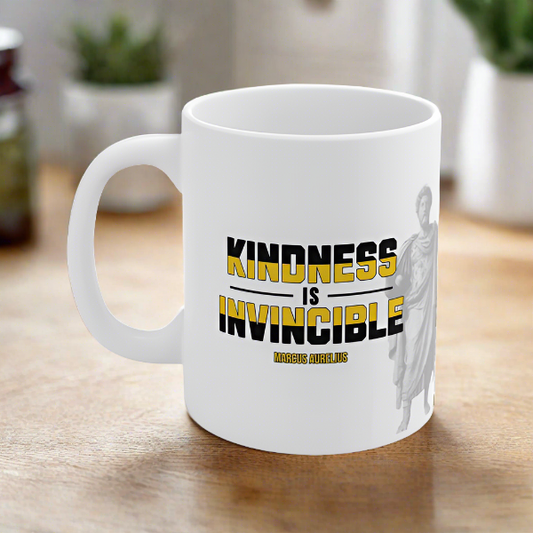 Marcus Aurelius Quote Mug: "Kindness is Invincible." - INTERACTIVE Stoicism Quote Mug - Scannable QR Code - Black Mug