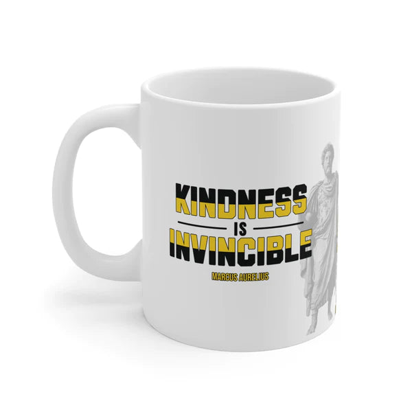 Marcus Aurelius Quote Mug: "Kindness is Invincible." - INTERACTIVE Stoicism Quote Mug - Scannable QR Code - Black Mug