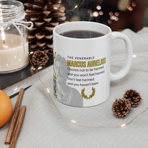 Marcus Aurelius Quote Mug - "Choose Not To Be Harmed" - INTERACTIVE Stoicism Quote Mug - Scannable QR Code - Black Mug