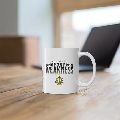 Seneca Quote Mug: "All cruelty springs from weakness" - INTERACTIVE Stoicism Quote Mug - Scannable QR Code - Black Mug