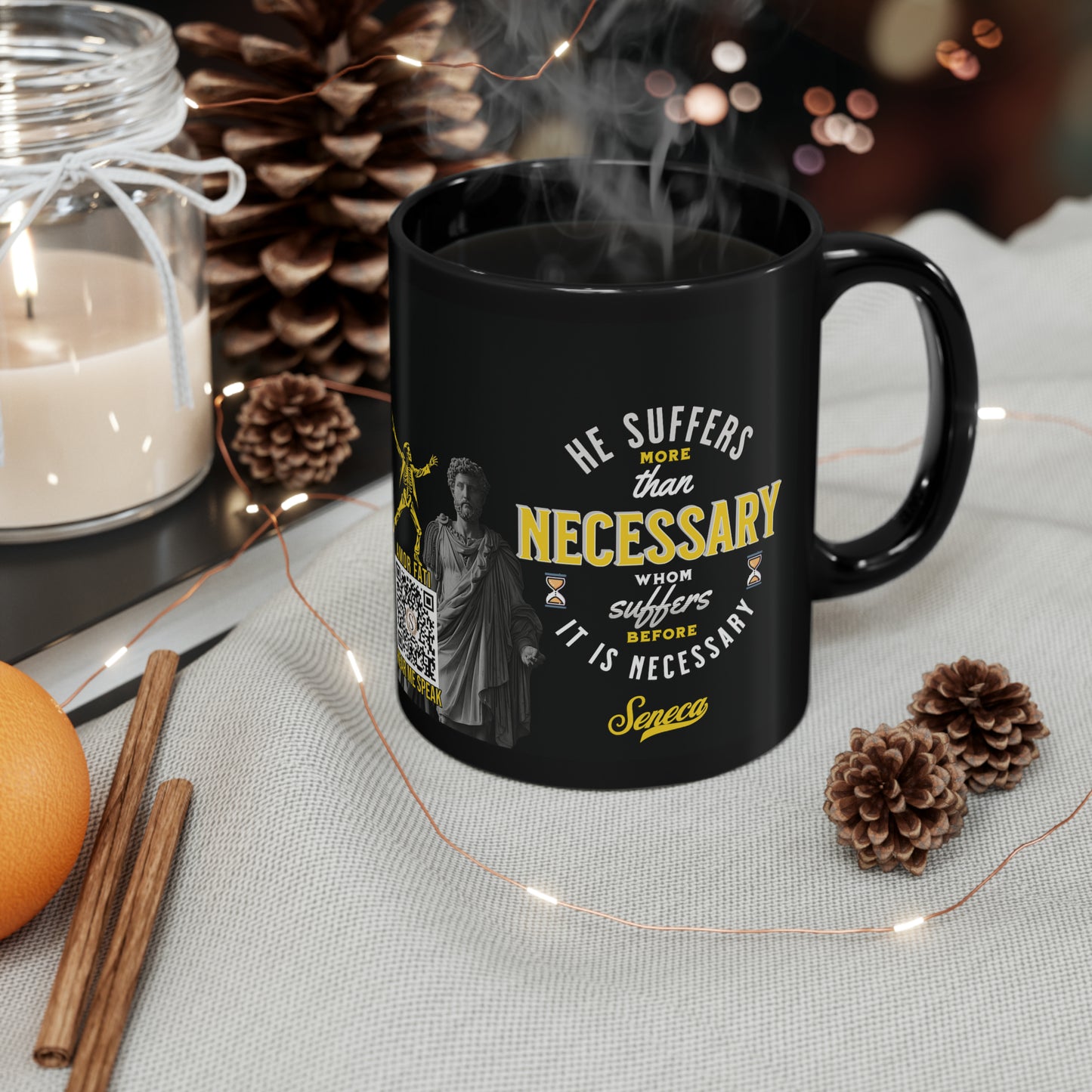 Seneca Quote Mug: "He suffers more than necessary, whom suffers before it is necesary" - INTERACTIVE Stoicism Quote Mug - Scannable QR Code - Black Mug