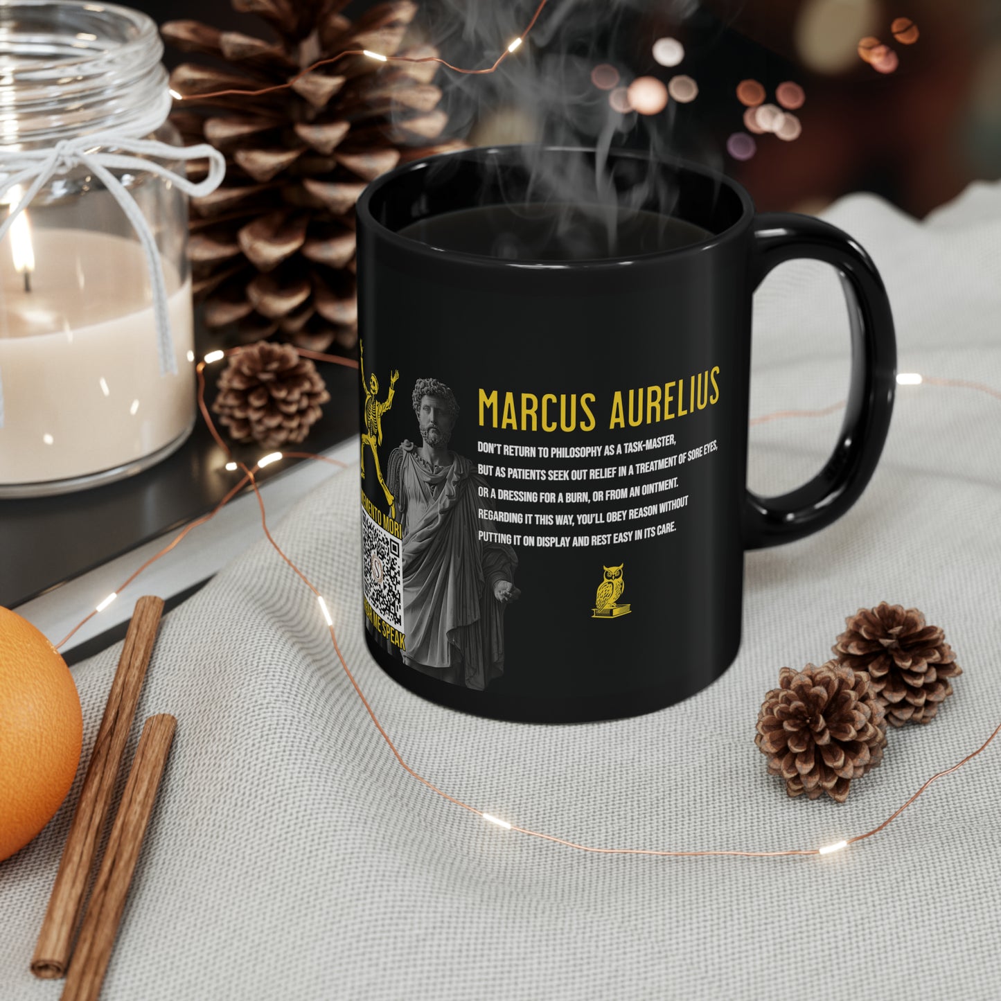 Marcus Aurelius Quote Mug: "Don't return to philosophy as a taskmaster" - INTERACTIVE Stoicism Quote Mug - Scannable QR Code - Black Mug