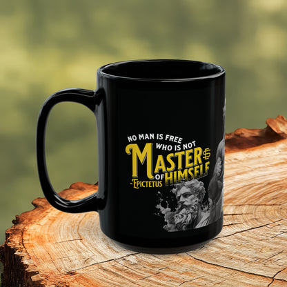 Epictetus Quote Mug - "No man is free who is not master of himself." - INTERACTIVE Stoicism Quote Mug - Scannable QR Code - Black Mug